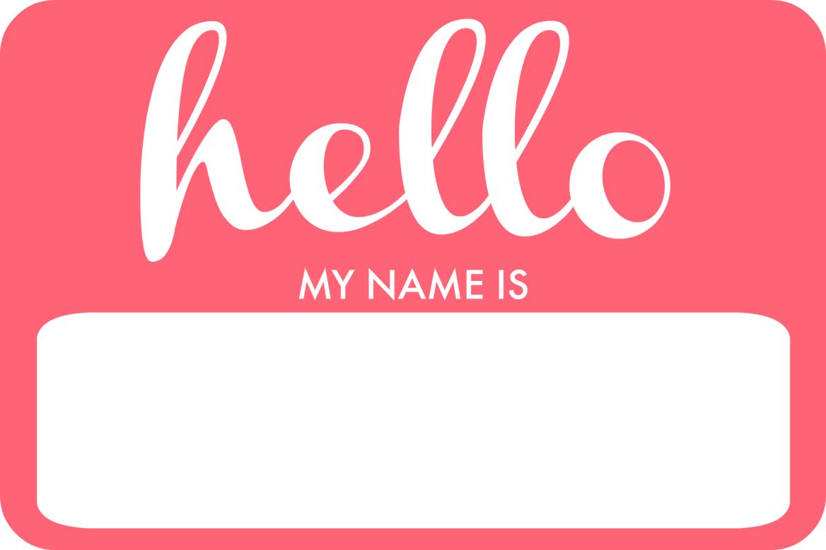 Red sticker with overlaid text "Hello, my name is..."